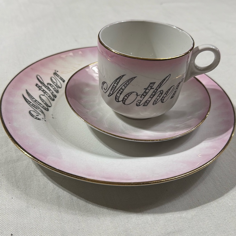 Teacup and Saucer with Plate. Mother Themed Pink Fire Swirl. Vintage China.